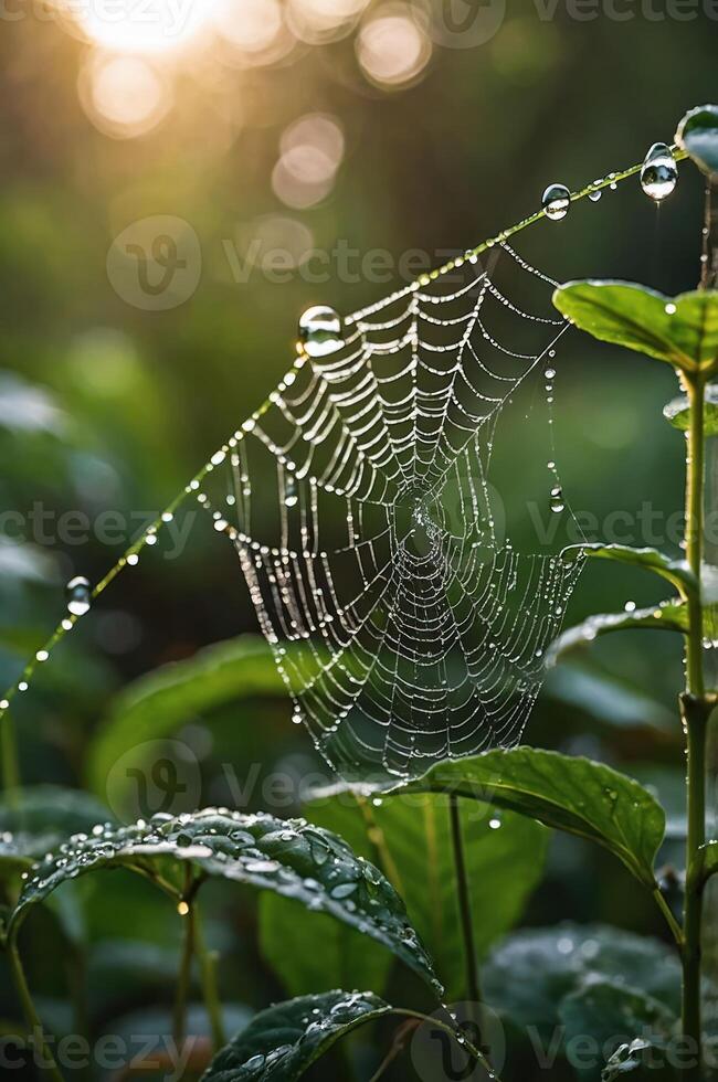 A close-up of a spider web adorned with dew drops, set against a blurred natural background. photo