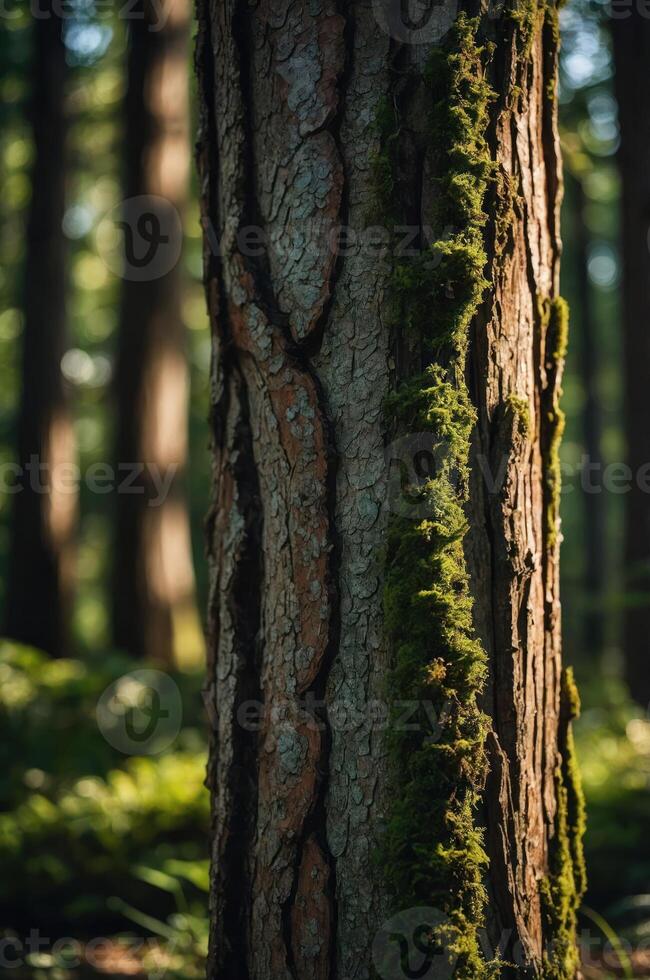 A close-up of a moss-covered tree trunk in a serene forest setting. photo
