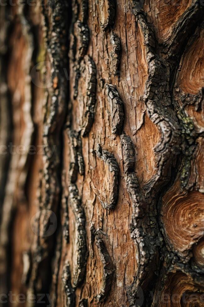Close-up of textured tree bark showcasing natural patterns and colors. photo