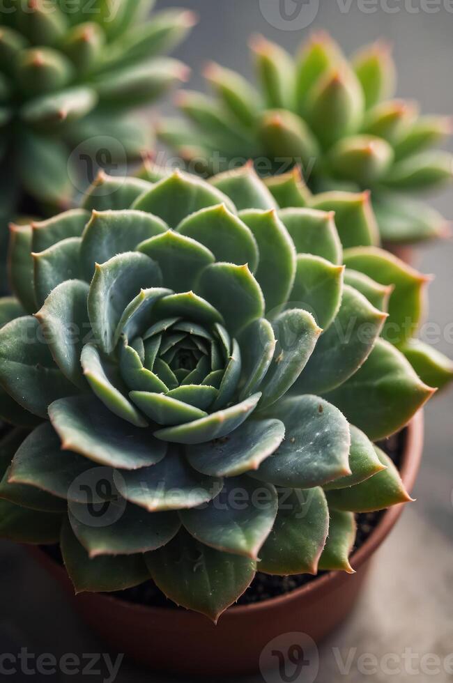 A close-up of a vibrant succulent plant in a pot, showcasing its intricate leaf patterns. photo