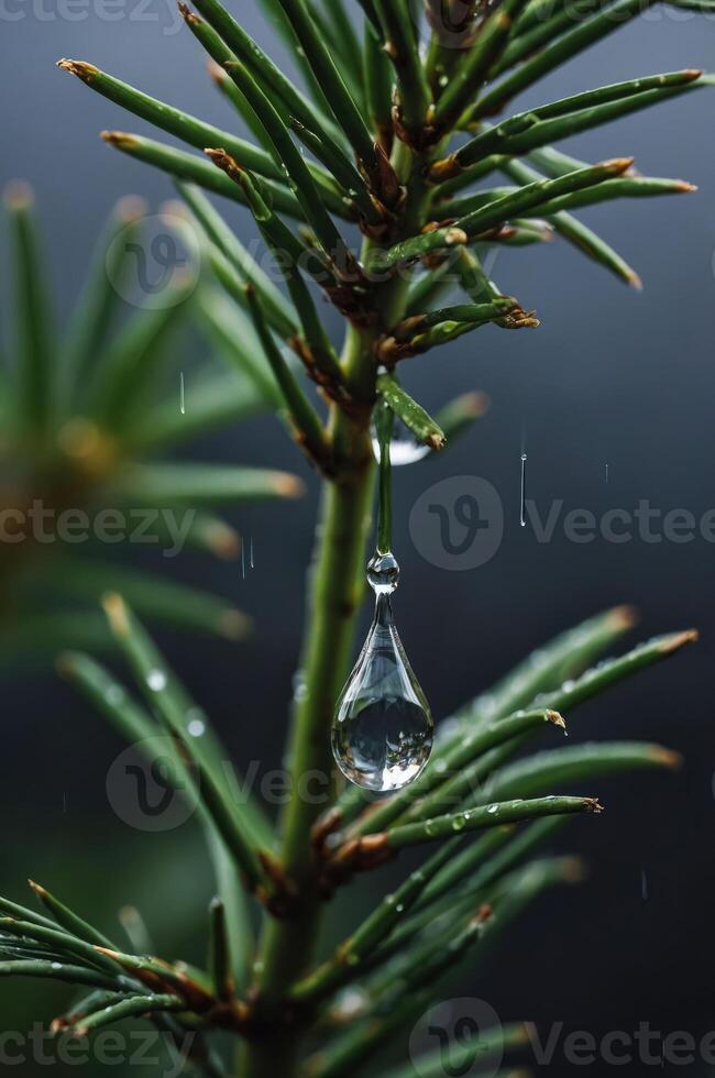 A close-up of a pine branch with a water droplet, highlighting nature's beauty. photo