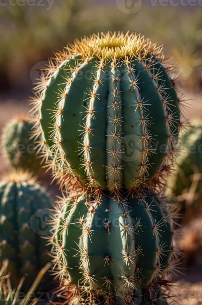 A close-up of a spiky cactus with multiple segments, showcasing its vibrant green color. photo