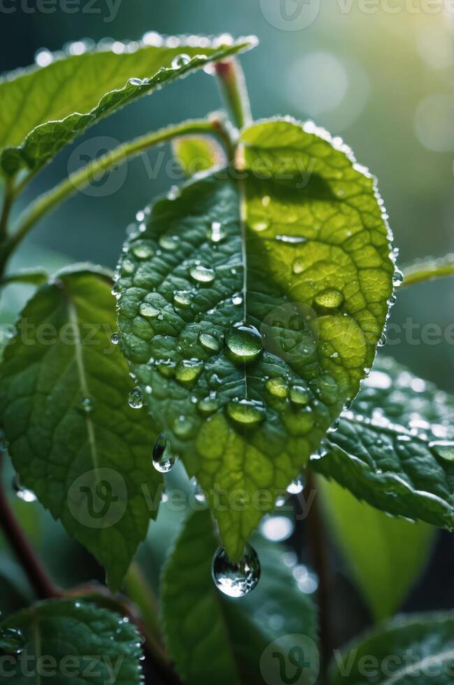 Close-up of green leaves adorned with water droplets, showcasing nature's beauty. photo