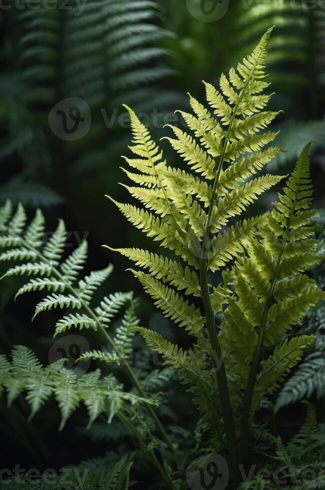Lush green ferns in a shaded environment, showcasing nature's intricate patterns. photo