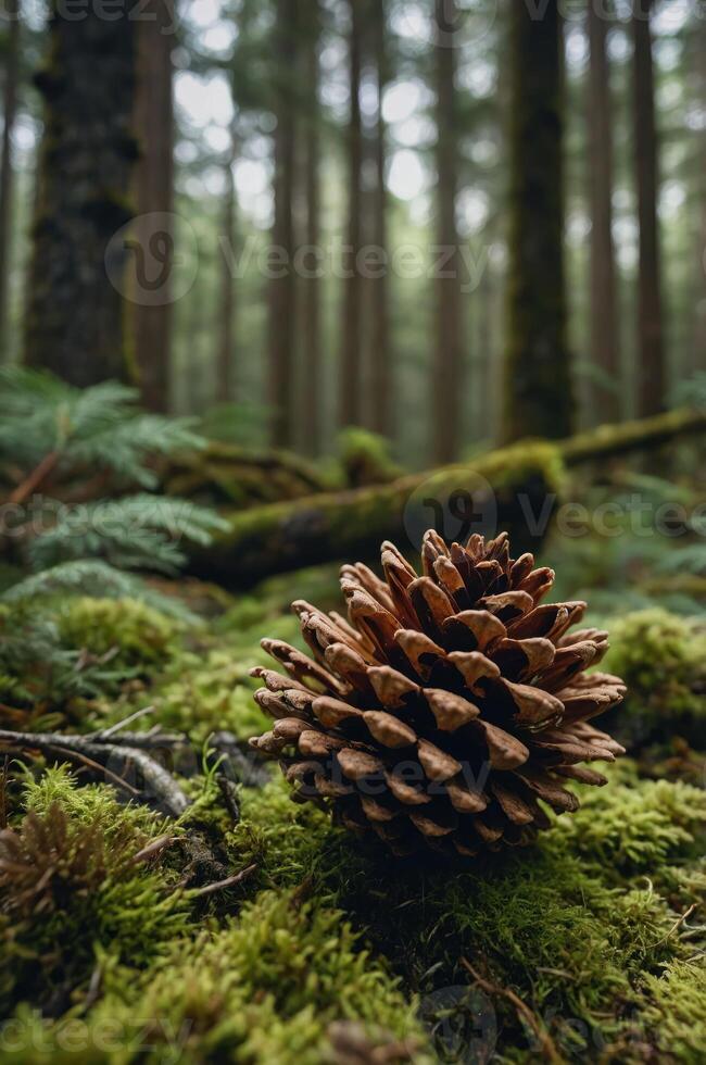 A close-up of a pine cone on moss in a serene forest setting. photo
