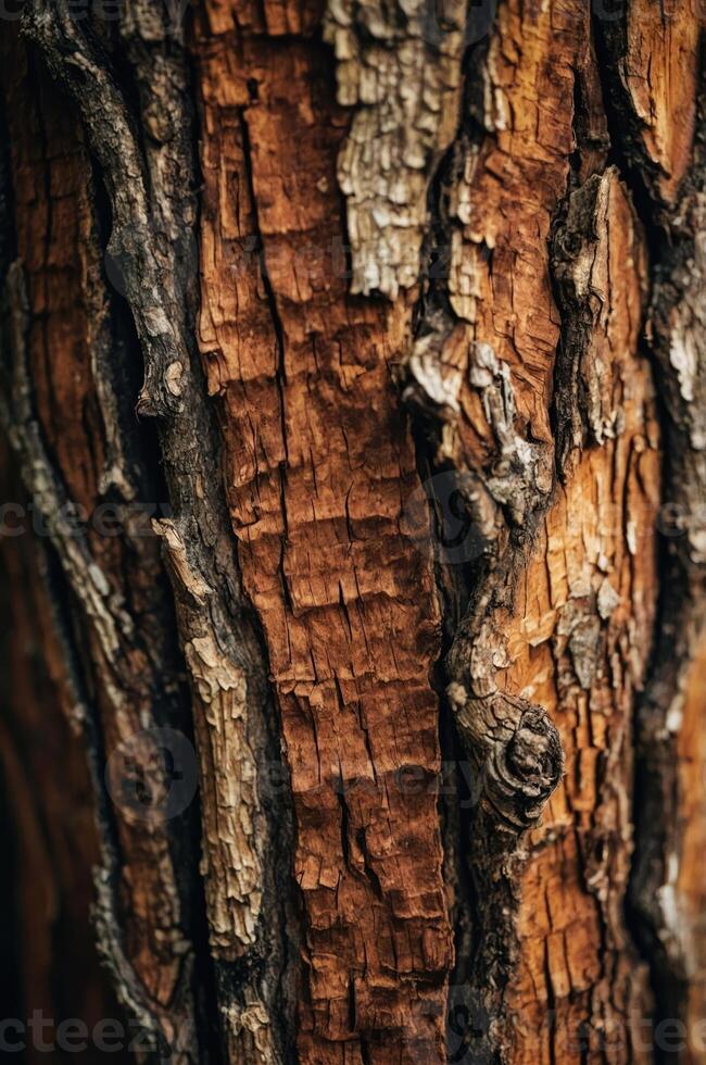 Close-up of textured tree bark showcasing natural patterns and earthy tones. photo