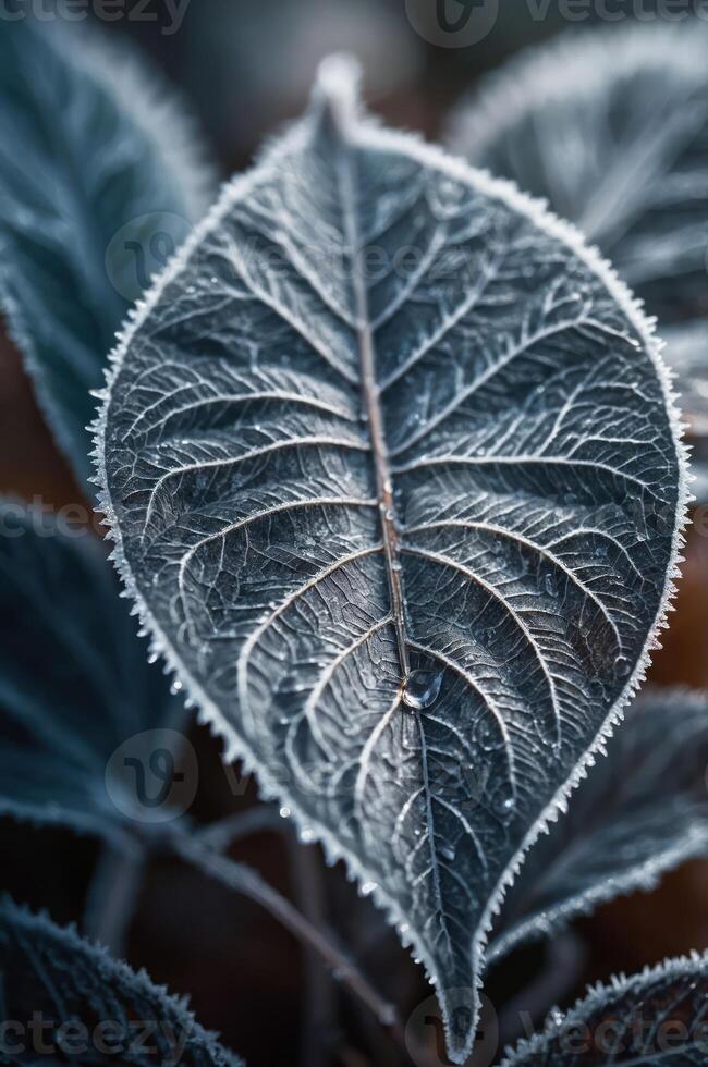 A close-up of a frosted leaf showcasing intricate vein patterns. photo