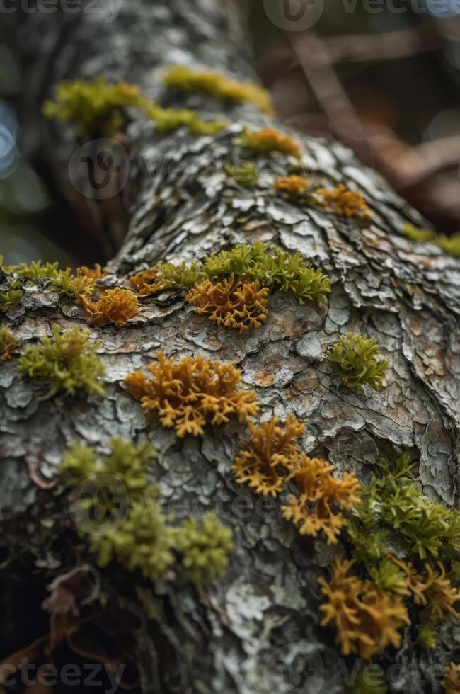 Close-up of textured tree bark adorned with vibrant green and orange moss. photo