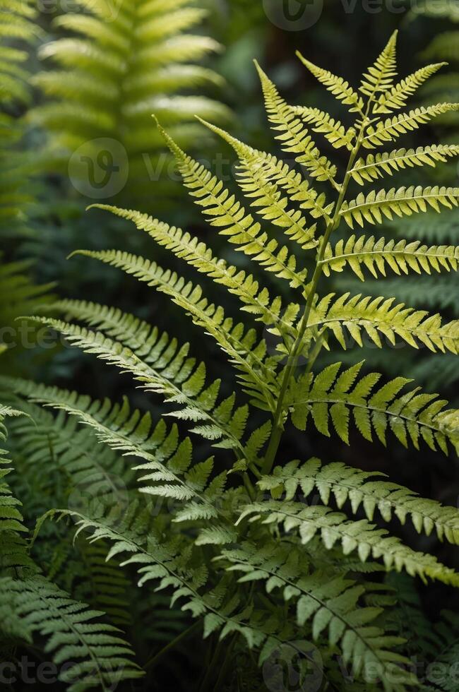 Lush green ferns create a vibrant, natural backdrop, showcasing intricate leaf patterns. photo