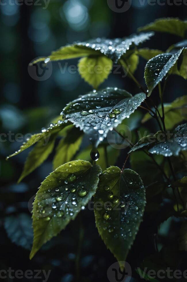 Close-up of leaves with droplets, showcasing nature's beauty and tranquility. photo