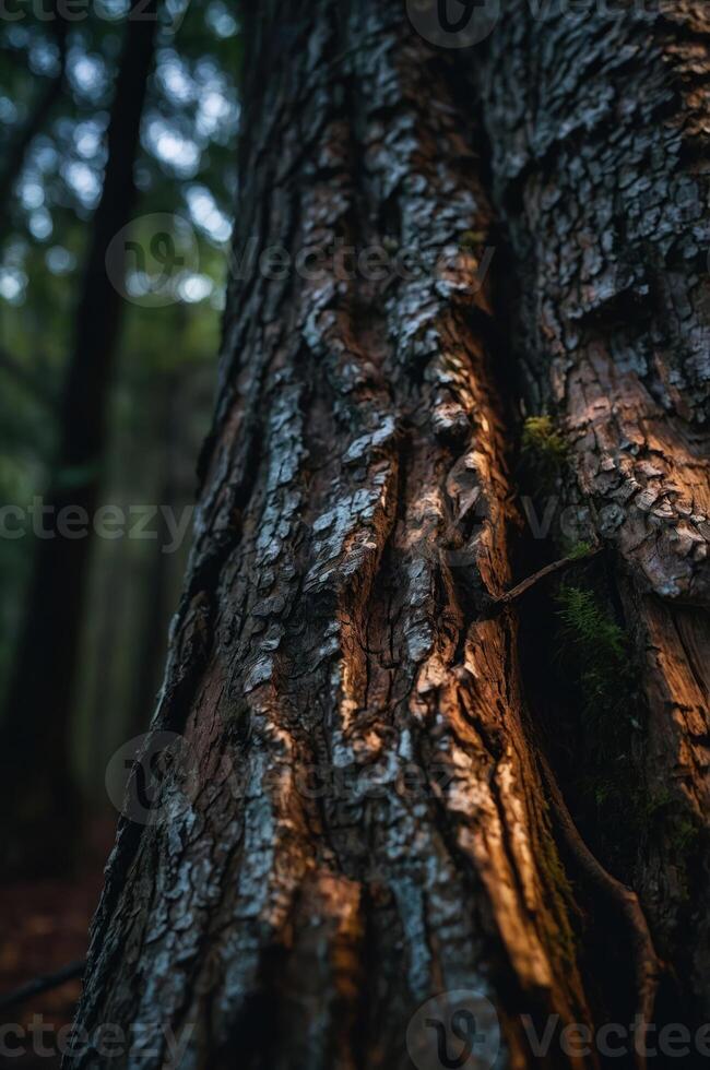Close-up of a textured tree trunk illuminated by soft light in a forest setting. photo