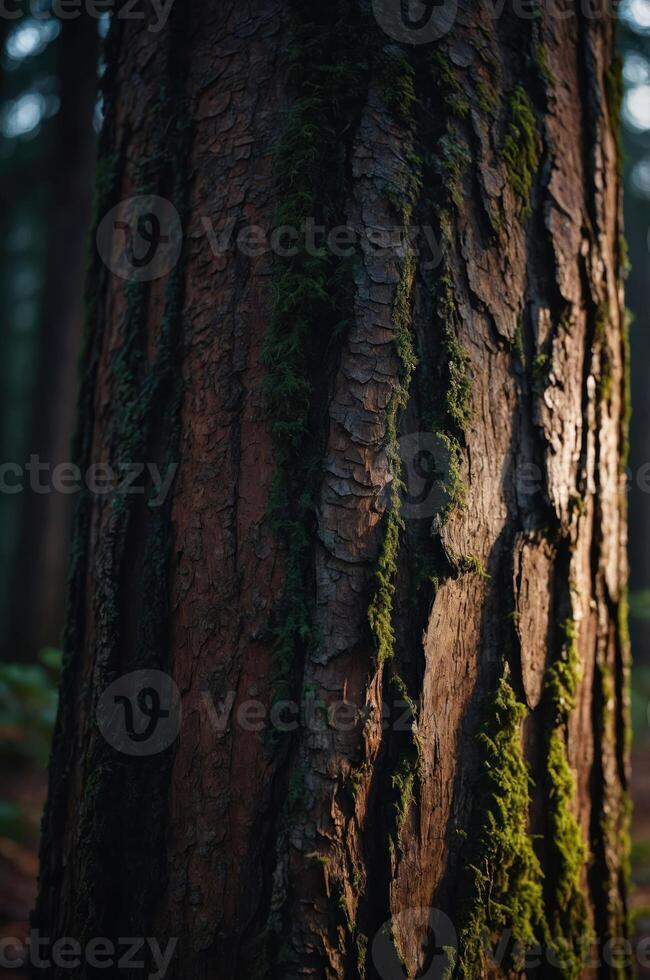 A close-up of a tree trunk with textured bark and moss, illuminated by soft light. photo