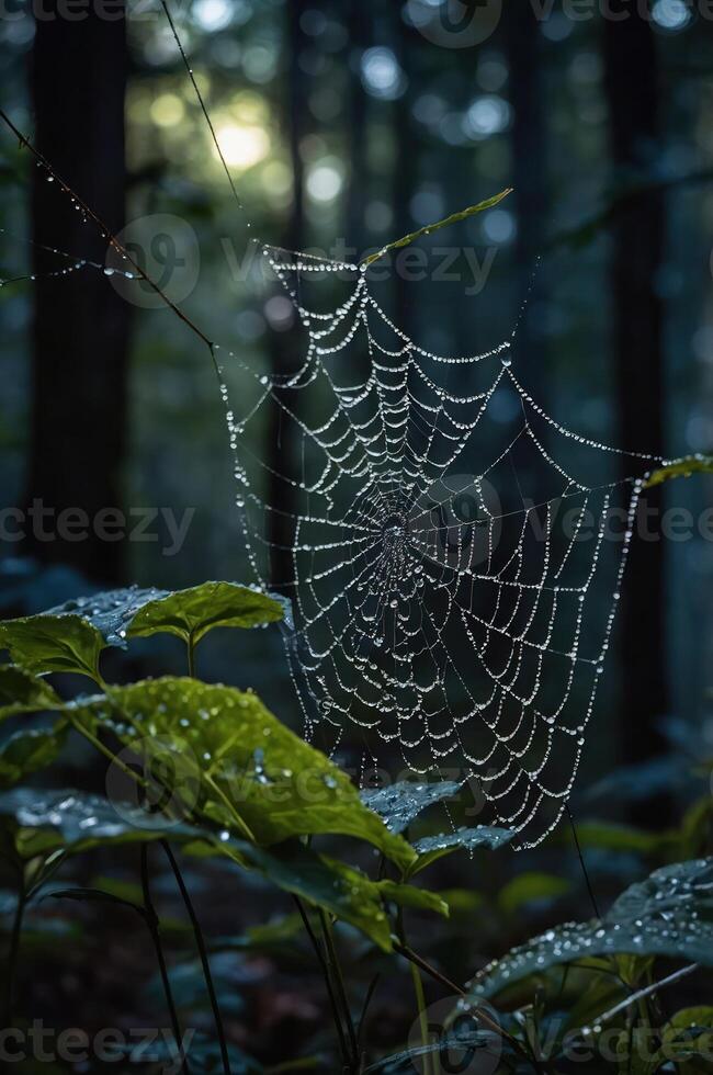 A delicate spider web adorned with dew drops in a serene forest setting. photo