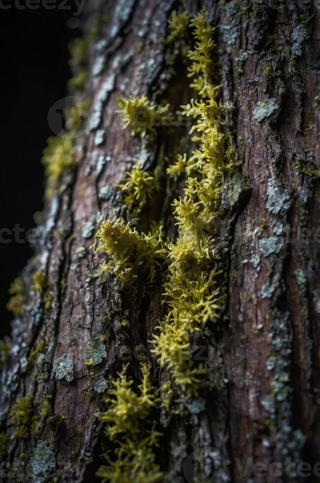 Close-up of moss growing on a textured tree bark, showcasing nature's intricate details. photo