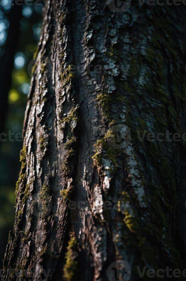 Close-up of a tree trunk showcasing textured bark and moss in a natural setting. photo