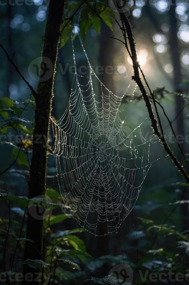 A delicate spider web glistens with dew in a misty forest, capturing morning light. photo