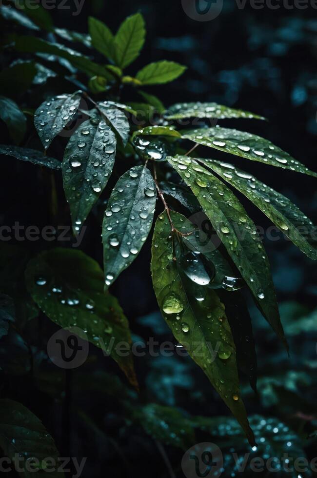 Close-up of green leaves adorned with water droplets, showcasing nature's beauty. photo