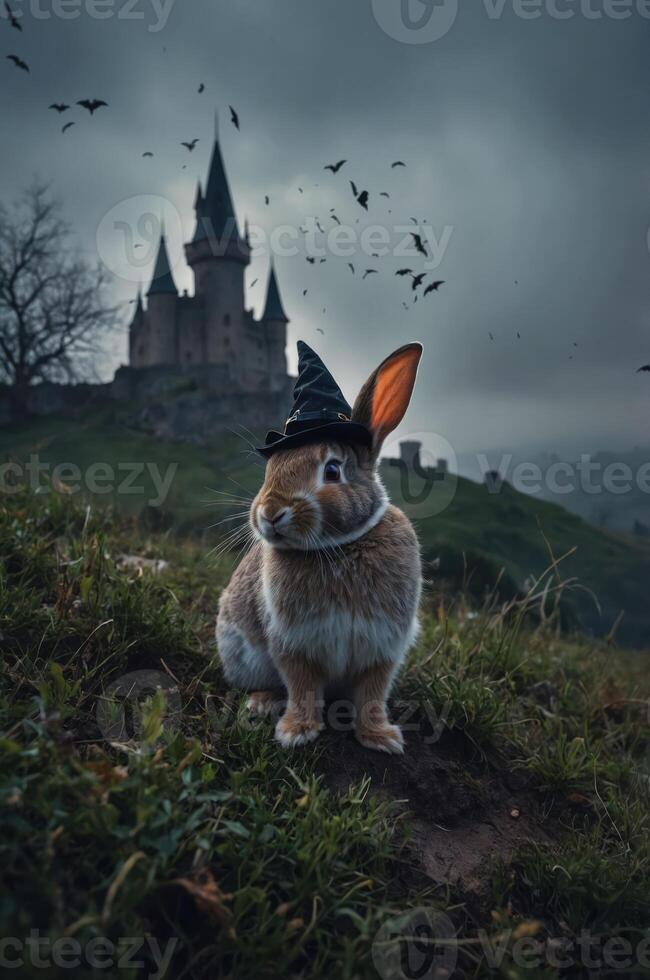 A whimsical rabbit wearing a hat in front of a mystical castle under a moody sky. photo