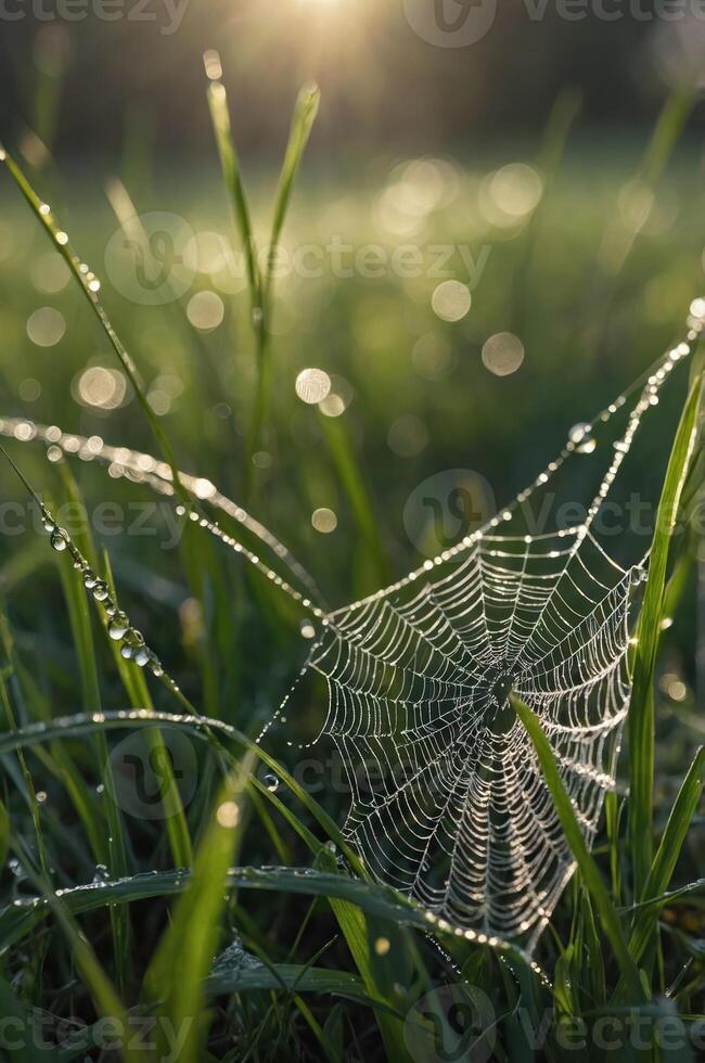 A close-up of a dew-covered spider web glistening in the morning light among grass. photo
