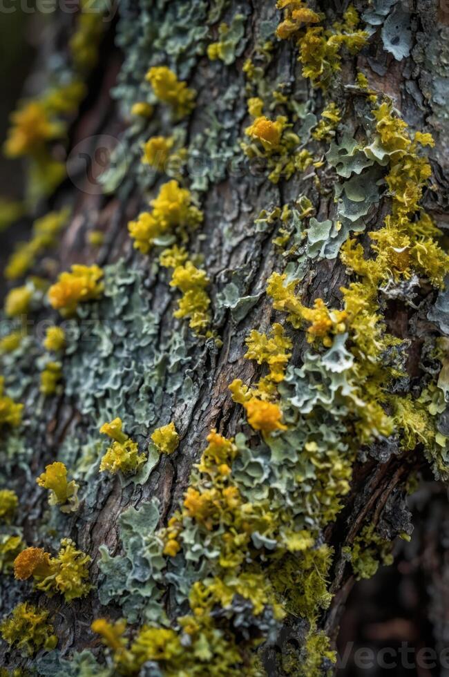 Close-up of colorful lichen growing on a tree trunk, showcasing nature's textures. photo
