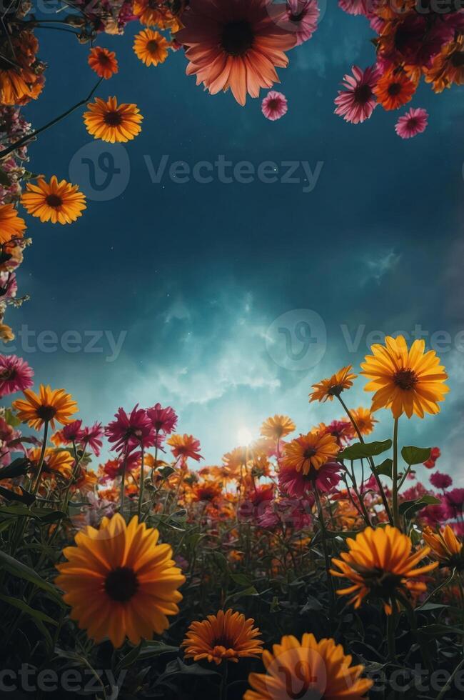 A vibrant field of flowers under a dramatic sky, capturing nature's beauty and tranquility. photo
