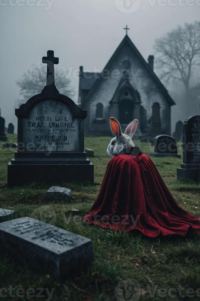 A mysterious rabbit figure in a red cloak sits in a foggy graveyard near a church. photo
