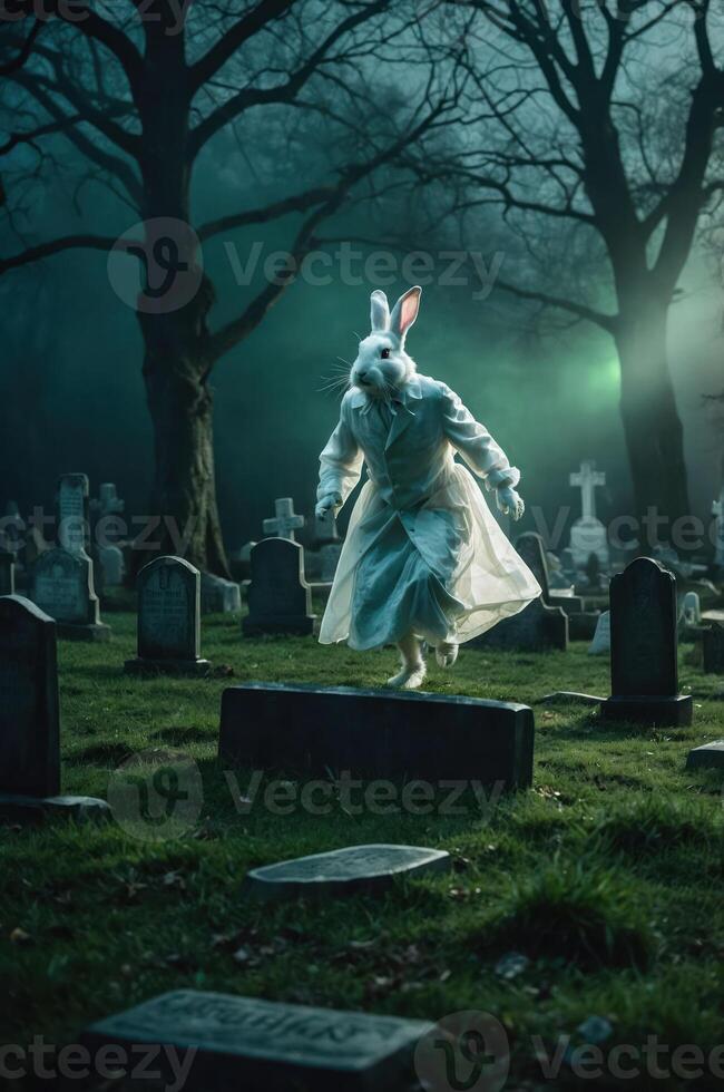 A haunting figure in a rabbit costume stands in a misty graveyard at night. photo