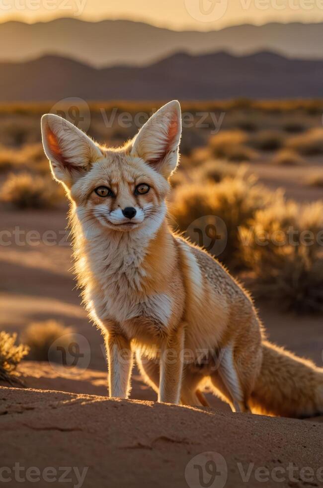 A fennec fox stands in a desert landscape during sunset, showcasing its large ears and fur. photo
