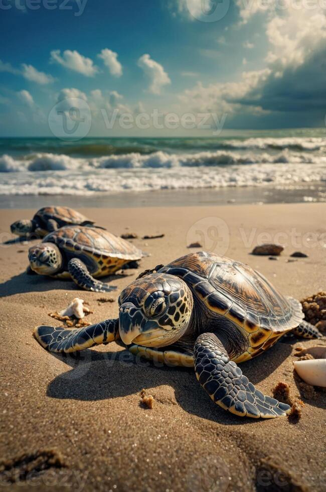Three sea turtles resting on a sandy beach with ocean waves in the background. photo