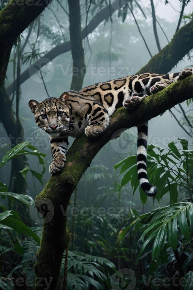 A clouded leopard lounging on a mossy branch in a dense, misty rainforest. photo