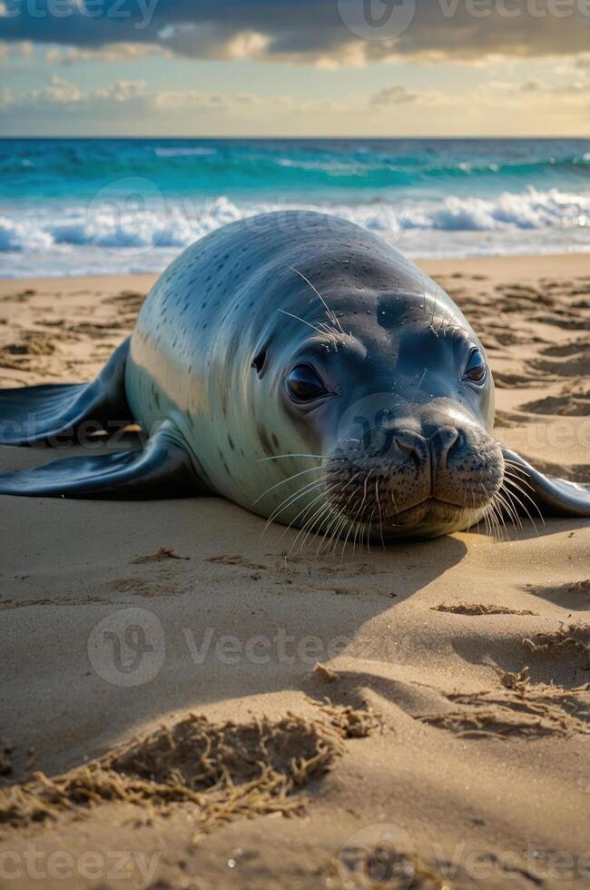 A seal resting on a sandy beach with waves in the background. photo