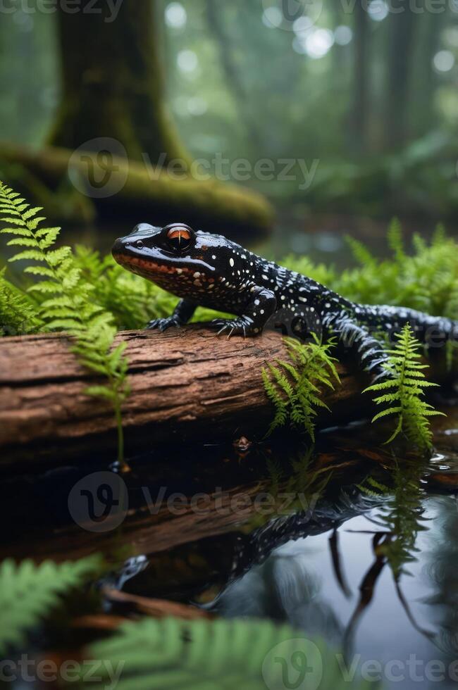 A spotted salamander resting on a log surrounded by ferns in a misty forest setting. photo