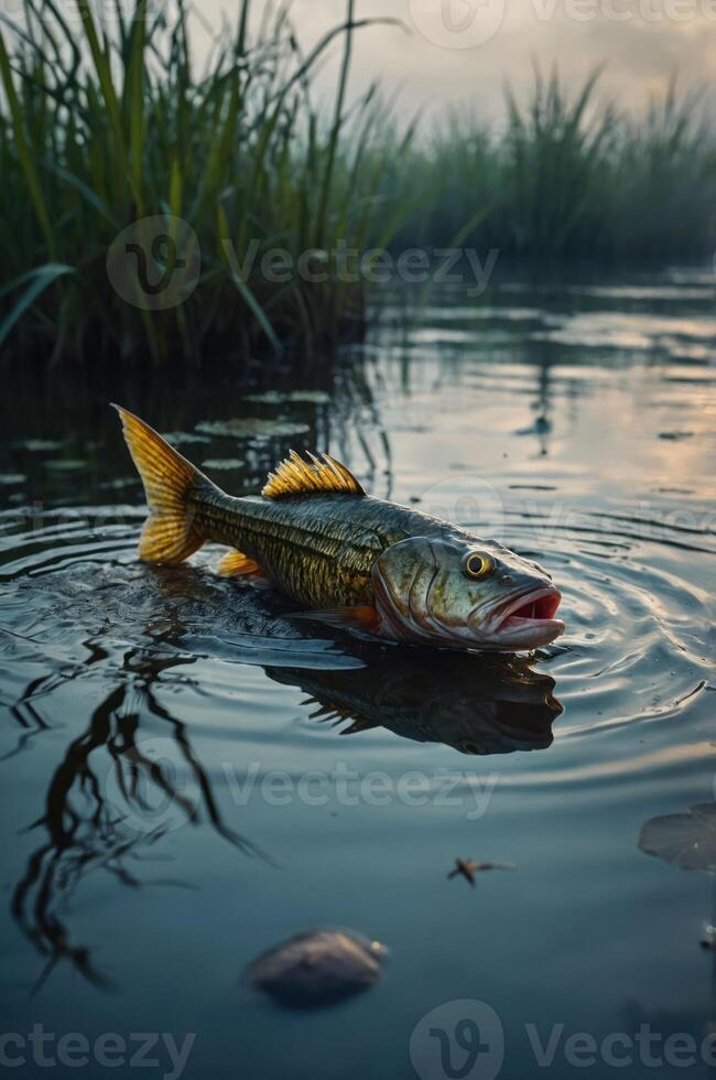 A fish swimming in calm waters surrounded by grass, capturing a serene natural moment. photo