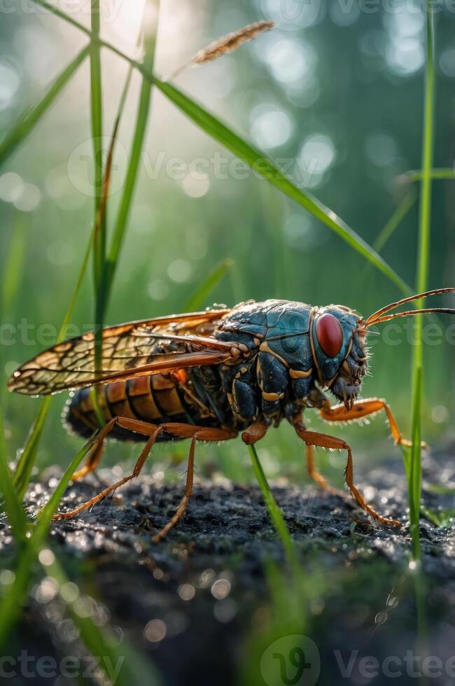 A close-up of a cicada resting on the ground amidst grass, showcasing its intricate details. photo