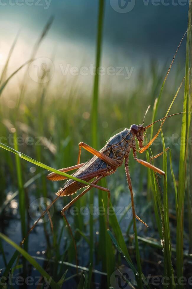 A close-up of a grasshopper perched on blades of grass near water, showcasing nature's details. photo