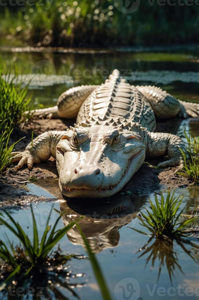 A close-up of an alligator resting on the shore near water and grass. photo