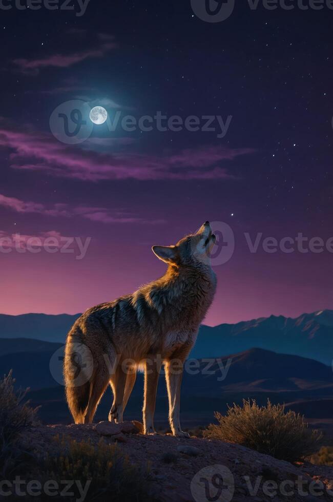 A coyote howls at the moon under a starry sky in a serene landscape. photo