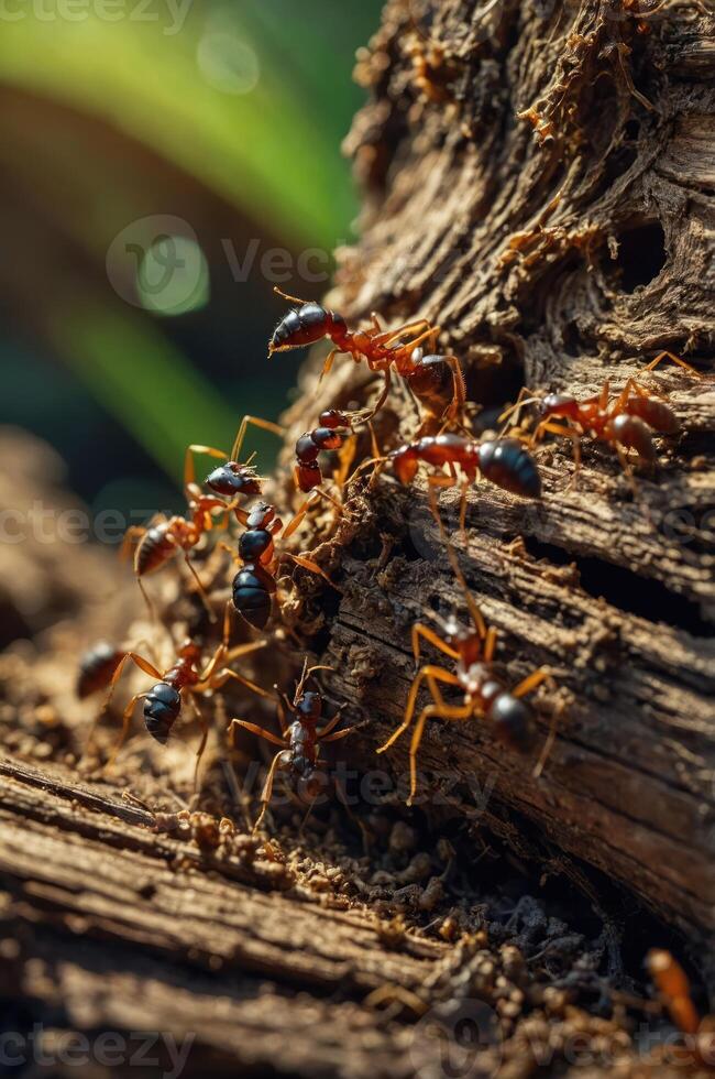 A close-up of ants on a wooden log, showcasing their social behavior and environment. photo
