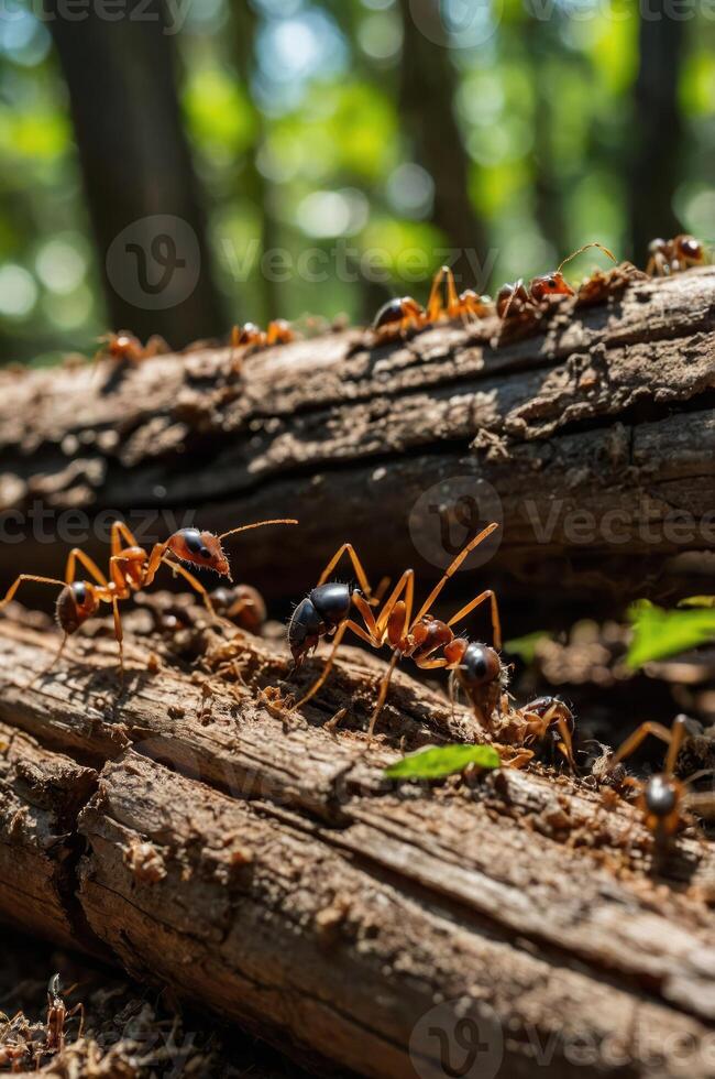 A close-up of ants on a log in a forest setting, showcasing their natural behavior. photo