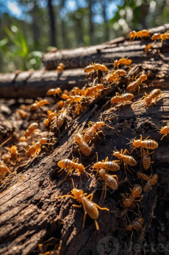 A close-up view of numerous orange ants on a wooden log in a forest setting. photo