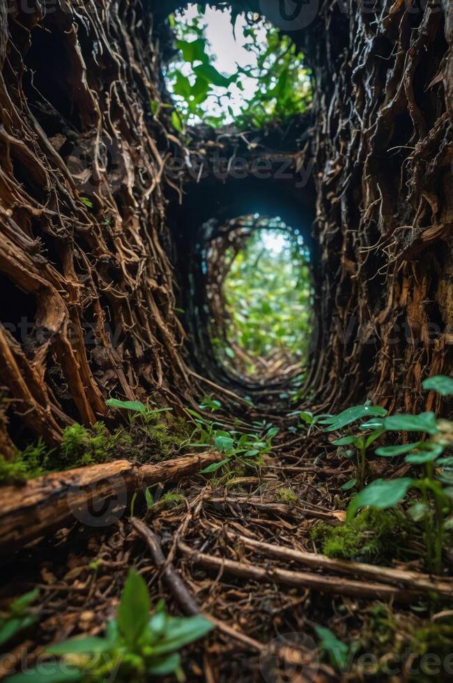 A natural tunnel formed by intertwined roots, leading into a lush green environment. photo