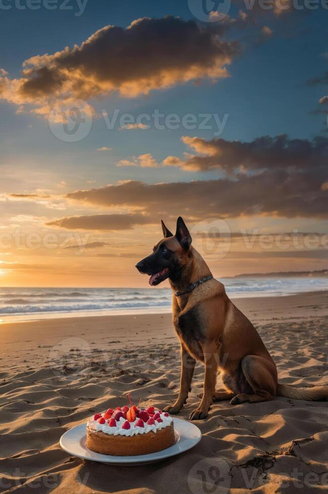 A dog sits on the beach at sunset, next to a cake adorned with strawberries. photo