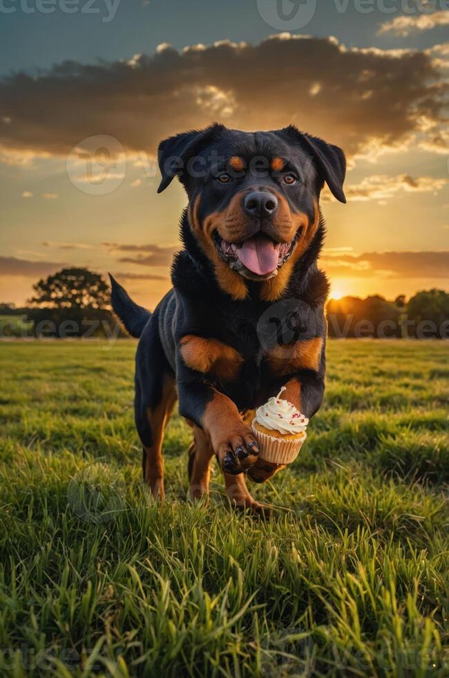 A playful Rottweiler joyfully running with a cupcake in a scenic sunset field. photo