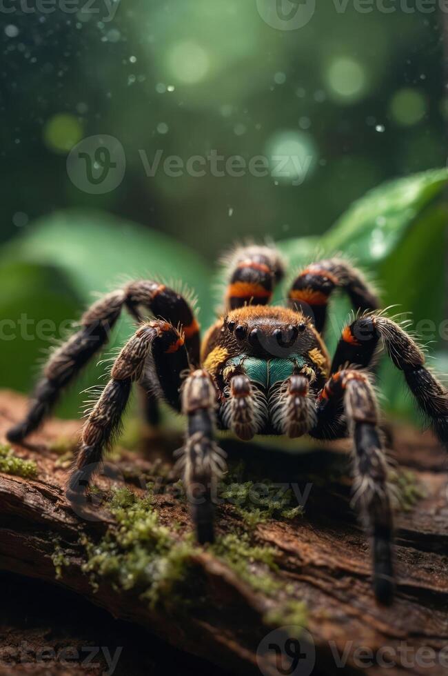 A close-up of a colorful spider on a mossy log, surrounded by greenery and soft light. photo