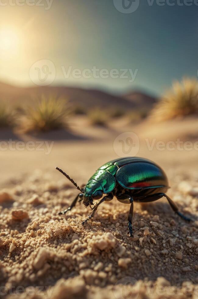 A close-up of a vibrant green beetle on sandy terrain with a desert backdrop. photo