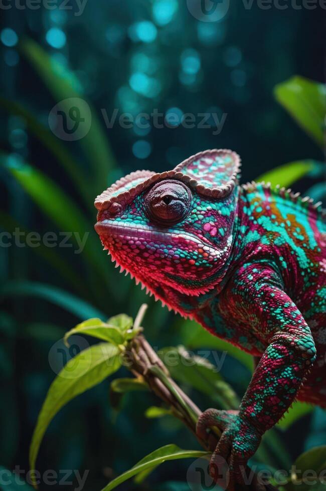 A vibrant chameleon perched on a branch amidst lush greenery, showcasing its colorful patterns. photo