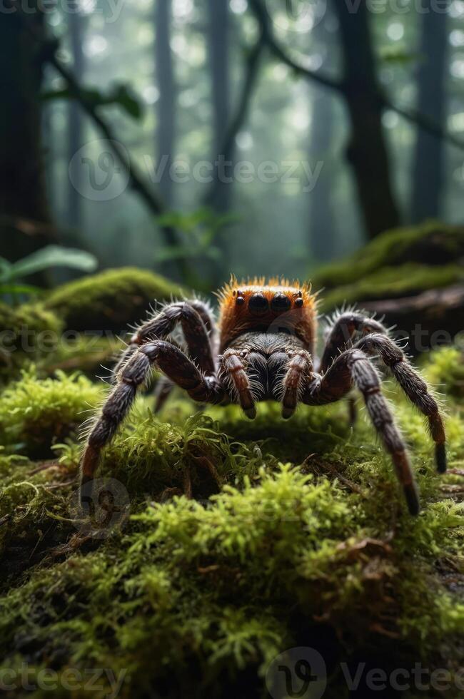 A close-up of a spider on moss in a misty forest, showcasing nature's intricate details. photo