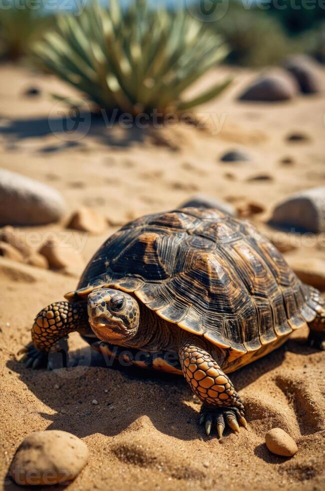 A tortoise crawling on sandy terrain, surrounded by rocks and desert vegetation. photo