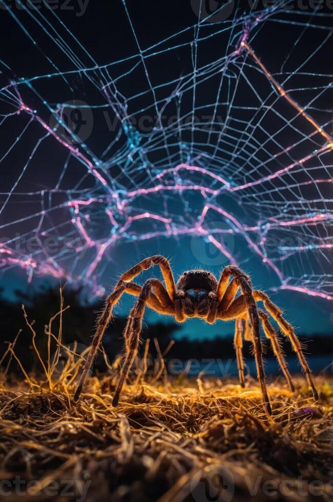 A close-up of a spider in its web, illuminated by colorful lights at night. photo