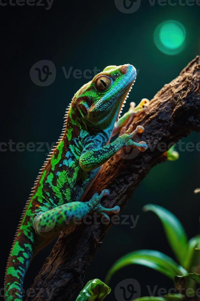 A vibrant gecko perched on a branch, showcasing its colorful patterns in a dimly lit setting. photo